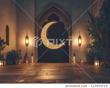 Tranquil courtyard adorned with a prominent crescent lantern display Tranquil courtyard adorned with a prominent crescent lantern display 123939729