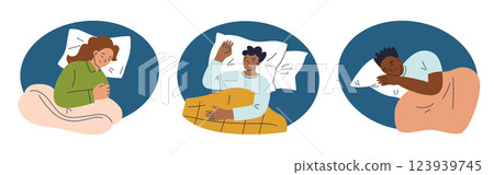 Collection of minimalist scenes with sleeping people in pajamas, with blankets, pillows, and bedding items. Healthy sleep vector illustrations, natural fabrics, relaxation, and cozy atmosphere Collection of minimalist scenes with sleeping people in pajamas, with blankets, pillows, and bedding items. Healthy sleep vector illustrations, natural fabrics, relaxation, and cozy atmosphere 123939745
