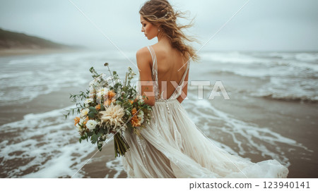 Bohemian bride standing barefoot on beach holding bouquet, with waves in background 123940141