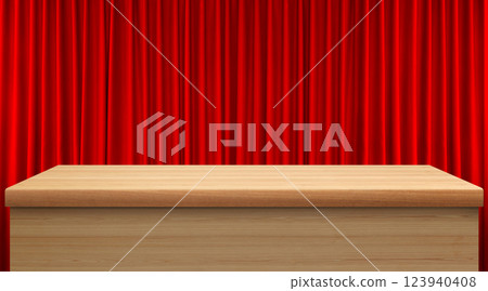 An empty wooden table with a red curtain as a background. 123940408