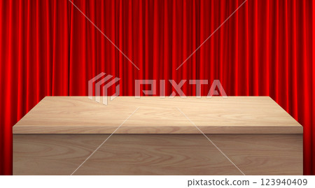 An empty wooden table with a red curtain as a background. 123940409