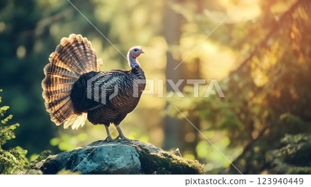 A turkey proudly displaying its elegance while perched on a rock in a sun-drenched forest. Wildlife elegance concept 123940449