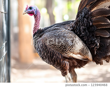 Profile shot of a turkey showcasing unique details and textures in a natural setting. Wildlife photography concept 123940468