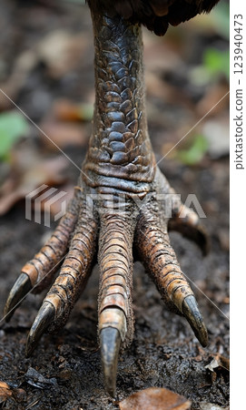 Close-up view of a turkey foot showcasing intricate textures and unique natural patterns. Wildlife detail concept Close-up view of a turkey foot showcasing intricate textures and unique natural patterns. Wildlife detail concept 123940473
