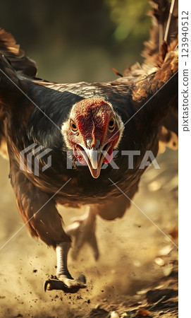 Close-up of a turkey boldly charging forward in the wild, showcasing its impressive stature and feathers. Wildlife display concept 123940512