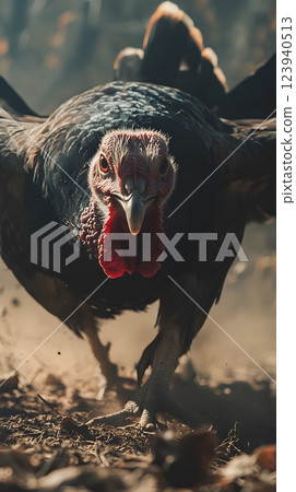 Close-up of a turkey fiercely charging forward in the wild, embodying strength and vigor. Wildlife action concept 123940513
