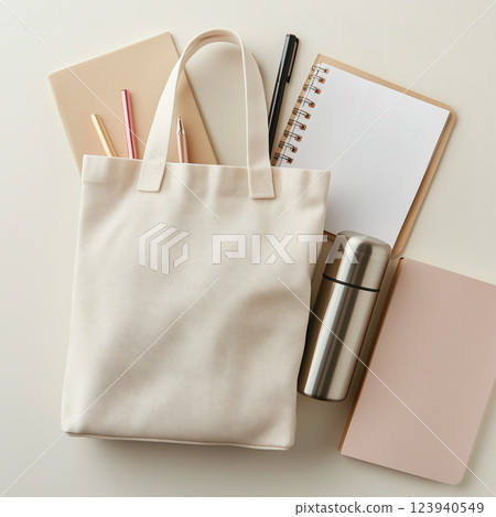 Plain tote bag and everyday items 123940549