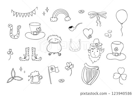 Saint Patrick Day elements decoration doodle set line traditional decorations. Rainbow, harp, coins and lucky clover icon 123940586