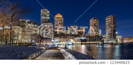 View of Boston downtown  skyscrapers seen from Fan Pier Park on a cold cloudy winter night 123940625