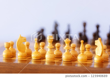 Wooden white chess pieces on the chessboard Wooden white chess pieces on the chessboard 123940689
