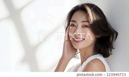 房間裡微笑的中年婦女 美容圖像 AI 123940713