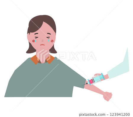 不喜歡注射的年輕女子。一名女孩因打針疼痛而哭泣。向量插圖 不喜歡注射的年輕女子。一名女孩因打針疼痛而哭泣。向量插圖 123941200