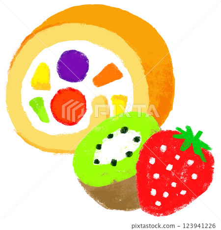 Simple illustration: Crayon-style roll cake with lots of fruit 123941226