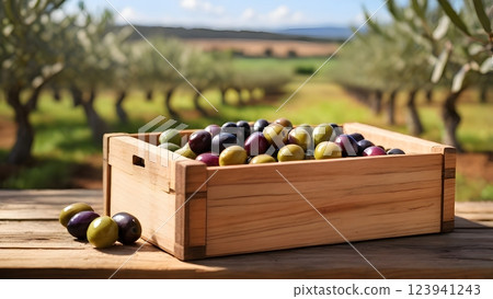 A rustic scene showcasing freshly harvested olives in a wooden box, perfect for food-related projects. 123941243