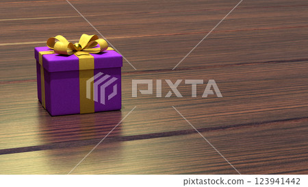 Purple Gift Box with Yellow Bow on Wooden Background. Place for Text Purple Gift Box with Yellow Bow on Wooden Background. Place for Text 123941442