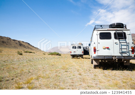 Distinctive Russian off-road vehicle in remote region of Mongolia. 123941455