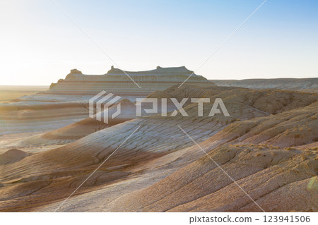 Kyzylkup area landscape, Mangystau desert. Rock strata formations 123941506