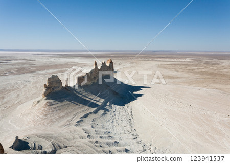 Stunning Mangystau landscape, Kazakhstan. Ak Orpa pinnacles aerial view, Bozzhira valley 123941537