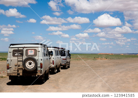 Off-road vehicles in remote region of Mongolia. Gobi desert area 123941585