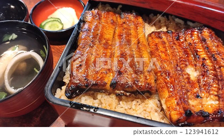 Large serving of grilled eel on rice Large serving of grilled eel on rice 123941612