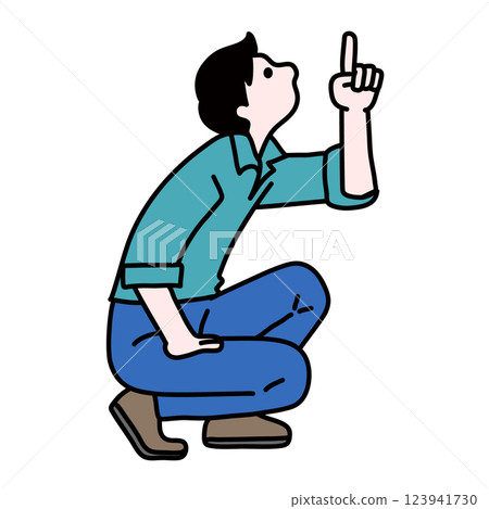 Man pointing up, sitting, whole body, vector 123941730