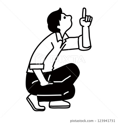 Man pointing up, sitting, whole body, vector 123941731