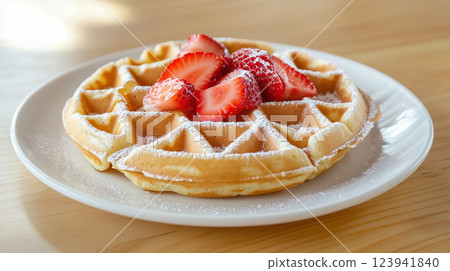 Waffles topped with powdered sugar and strawberries | Wooden table background 123941840