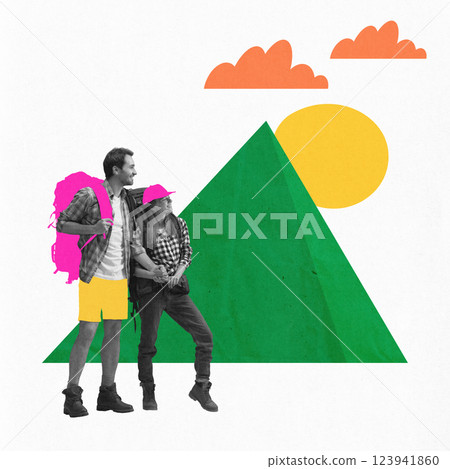 Couple with backpacks standing in front of mountain with sun and clouds in background, dressed for active adventure. Contemporary art collage. 123941860