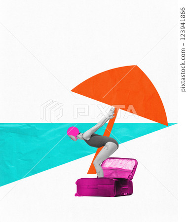 Woman in swimsuit and cap diving into open suitcase with beach umbrella and turquoise sea in background. Contemporary art collage. Woman in swimsuit and cap diving into open suitcase with beach umbrella and turquoise sea in background. Contemporary art collage. 123941866