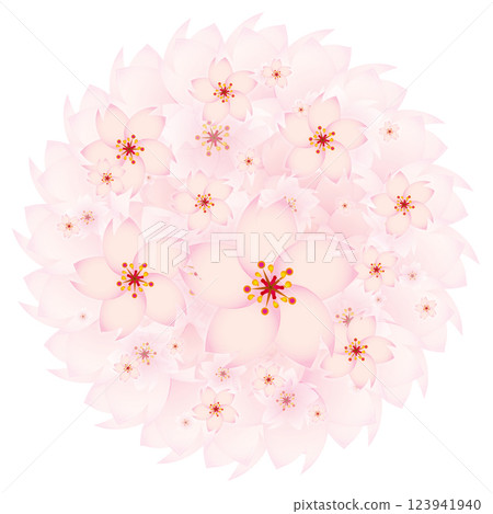 A beautiful decorative illustration of a circular wreath of bright cherry blossoms with even more cute cherry blossoms scattered throughout 123941940