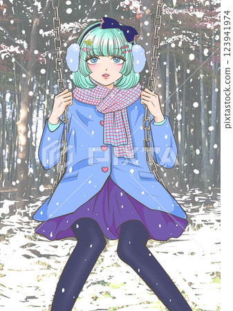 Girl on a swing in the snow Girl on a swing in the snow 123941974