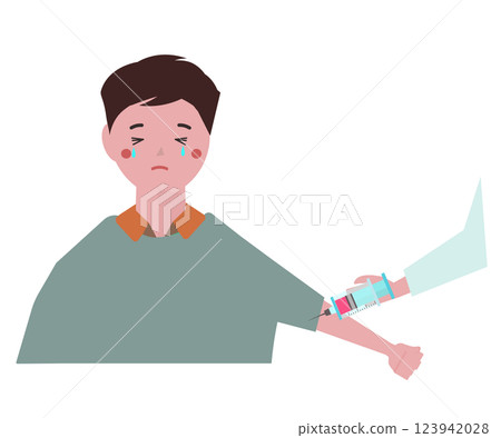 A young man who dislikes injections. A boy who cries because of the pain of an injection. Vector illustration A young man who dislikes injections. A boy who cries because of the pain of an injection. Vector illustration 123942028