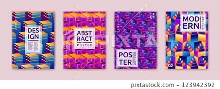 Cube gradient pattern, 3d geometric poster collection. Abstract layout vertical banner, brochure light design. Colorful minimal template, digital flyer. Vector shapes garish graphic template set 123942392