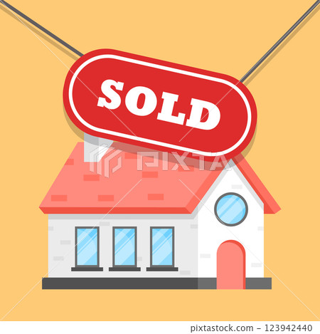 Real estate banner with house icon in flat style. Sale label vector illustration on isolated background. Sold sign business concept. 123942440