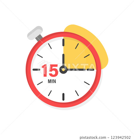 15 minutes on stopwatch icon in flat style. Clock face timer vector illustration on isolated background. Countdown sign business concept. 123942502
