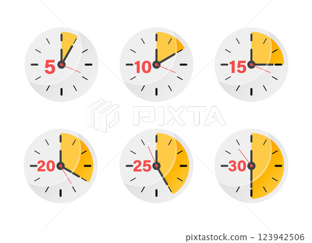 From 5 minutes to 30 minutes on stopwatch icon set collection in flat style. Clock face timer vector illustration on isolated background. Countdown sign business concept. 123942506