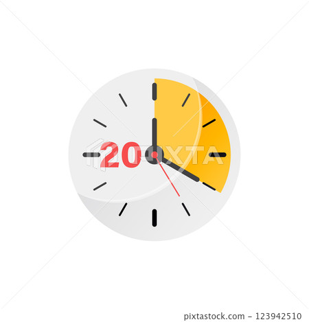 20 minutes on stopwatch icon in flat style. Clock face timer vector illustration on isolated background. Countdown sign business concept. 20 minutes on stopwatch icon in flat style. Clock face timer vector illustration on isolated background. Countdown sign business concept. 123942510