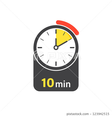 10 minutes on stopwatch icon in flat style. Clock face timer vector illustration on isolated background. Countdown sign business concept. 10 minutes on stopwatch icon in flat style. Clock face timer vector illustration on isolated background. Countdown sign business concept. 123942515