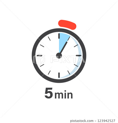 5 minutes on stopwatch icon in flat style. Clock face timer vector illustration on isolated background. Countdown sign business concept. 5 minutes on stopwatch icon in flat style. Clock face timer vector illustration on isolated background. Countdown sign business concept. 123942527
