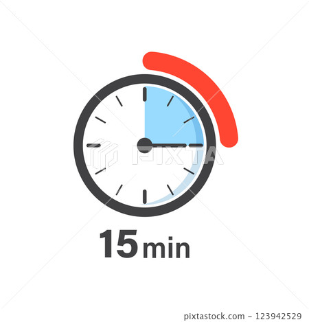 15 minutes on stopwatch icon in flat style. Clock face timer vector illustration on isolated background. Countdown sign business concept. 15 minutes on stopwatch icon in flat style. Clock face timer vector illustration on isolated background. Countdown sign business concept. 123942529