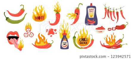 Hot sauce, chilly pepper. Lips and tongue with fire, Spicy food Mexican. Cooking chili seasoning. Fresh ingredient, tasty burn. Red vegetable flame, green bottles. Vector doodle isolated labels set 123942571