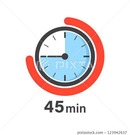 45 minutes on stopwatch icon in flat style. Clock face timer vector illustration on isolated background. Countdown sign business concept. 45 minutes on stopwatch icon in flat style. Clock face timer vector illustration on isolated background. Countdown sign business concept. 123942637