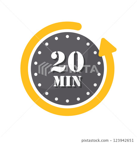 20 minutes on stopwatch icon in flat style. Clock face timer vector illustration on isolated background. Countdown sign business concept. 20 minutes on stopwatch icon in flat style. Clock face timer vector illustration on isolated background. Countdown sign business concept. 123942651