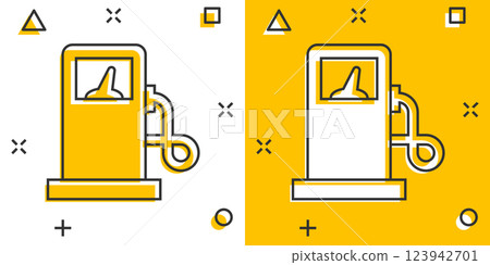 Fuel pump icon in comic style. Gas station cartoon sign vector illustration on white isolated background. Petrol splash effect business concept. 123942701