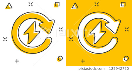Energy recharge icon in comic style. Voltage and arrow cartoon vector illustration on white isolated background. Electric splash effect sign business concept. Energy recharge icon in comic style. Voltage and arrow cartoon vector illustration on white isolated background. Electric splash effect sign business concept. 123942720