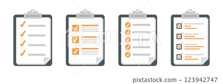 Clipboard with checklist icon set in flat style. Planning and organization of work vector illustration on isolated background. Document sign business concept. 123942747
