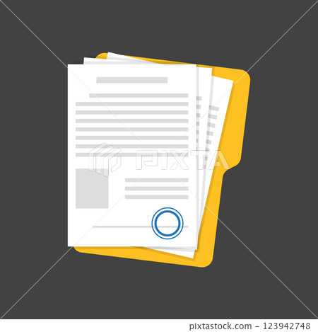 Document, folder with stamp and text icon in flat style. White papers vector illustration on isolated background. Confirmed or approved document sign business concept. Document, folder with stamp and text icon in flat style. White papers vector illustration on isolated background. Confirmed or approved document sign business concept. 123942748