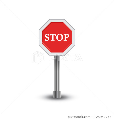 Stop sign icon in flat style. Traffic control vector illustration on isolated background. Attention sign business concept. 123942758
