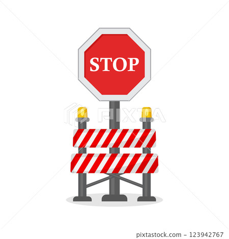 Stop traffic road barrier icon in flat style. Roadwork vector illustration on isolated background. Safety barricade sign business concept. 123942767