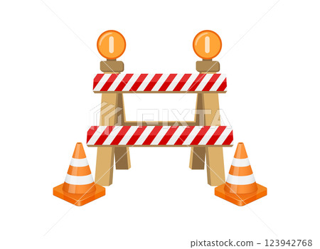 Stop traffic road barrier icon in flat style. Roadwork vector illustration on isolated background. Safety barricade sign business concept. 123942768